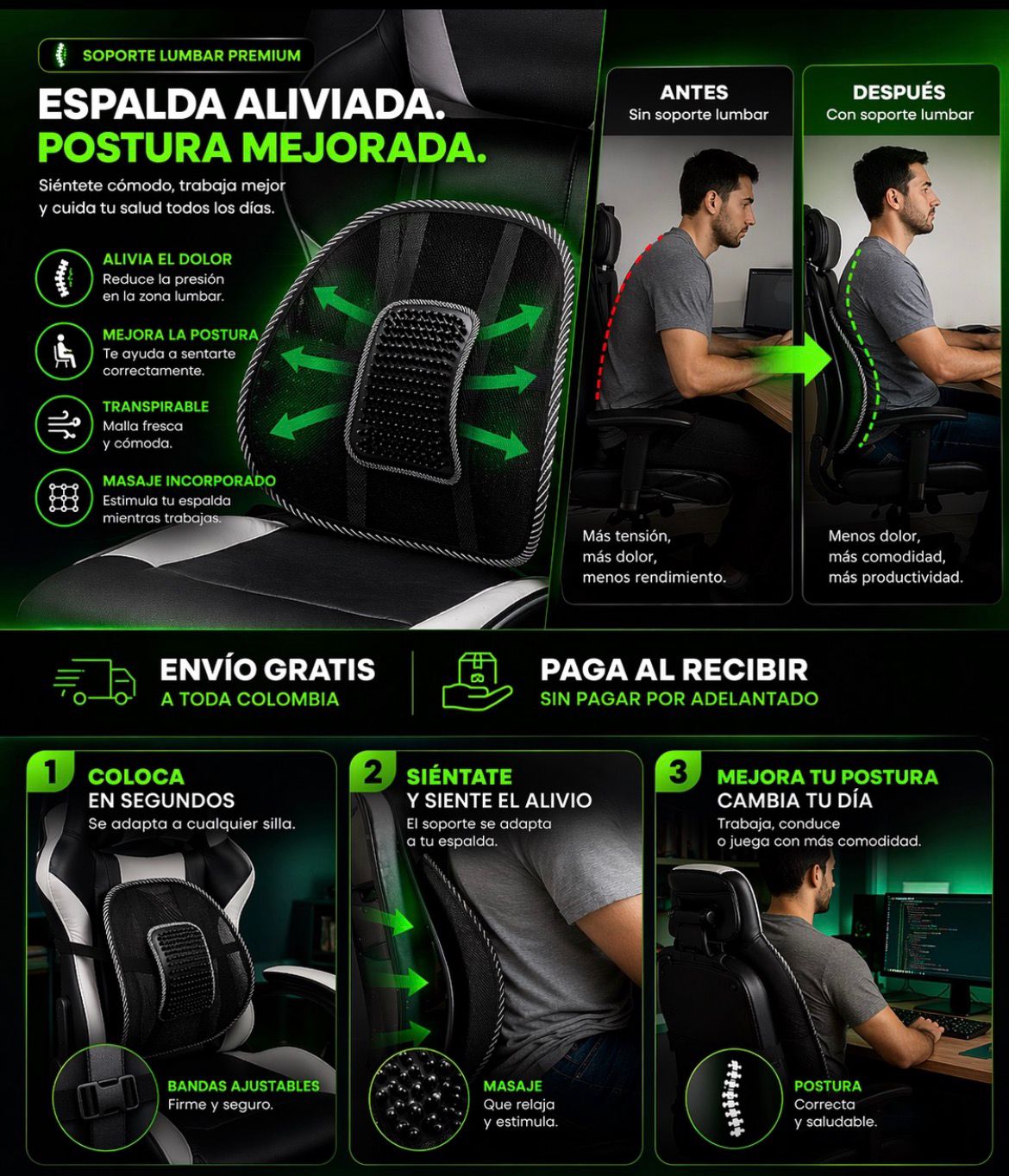 Soporte Lumbar para Silla y Auto